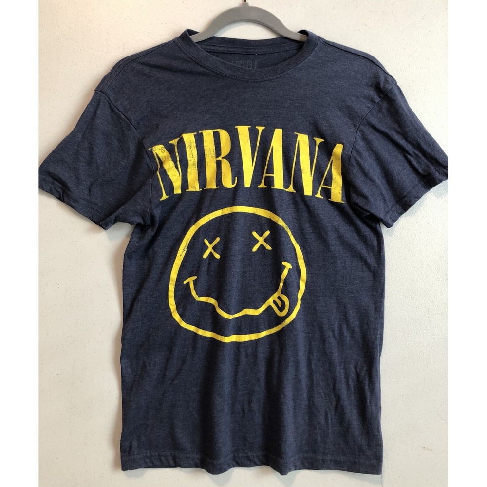 Nirvana Smiley Face T-Shirt Men's S Blue Short‎ Sleeve Pullover Round Neck